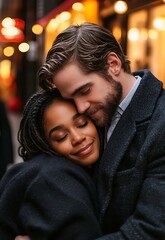 Fototapeta premium Romantic Couple Embracing in Urban Street During Evening Glow