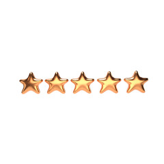 3D render of five golden stars rating without background