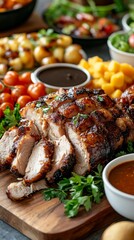 Whole roasted Filipino lechon presented on a festive table adorned with fresh herbs and colorful fruits at a celebration