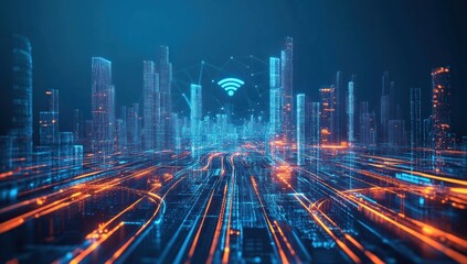 Obraz premium Futuristic smart city with digital network connection.