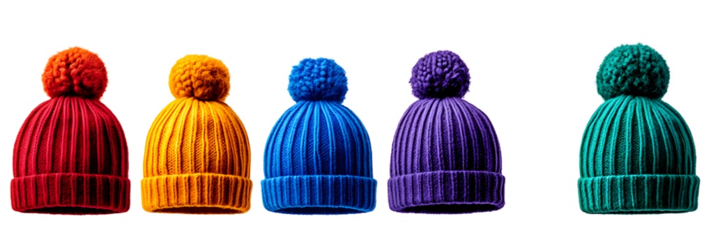 Set of colorful wool beanies hat over isolated transparent and white background