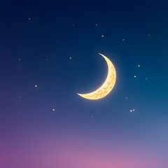Crescent on Deep Indigo Deep indigo background with golden Islamic patterns and a softly glowing crescent moon