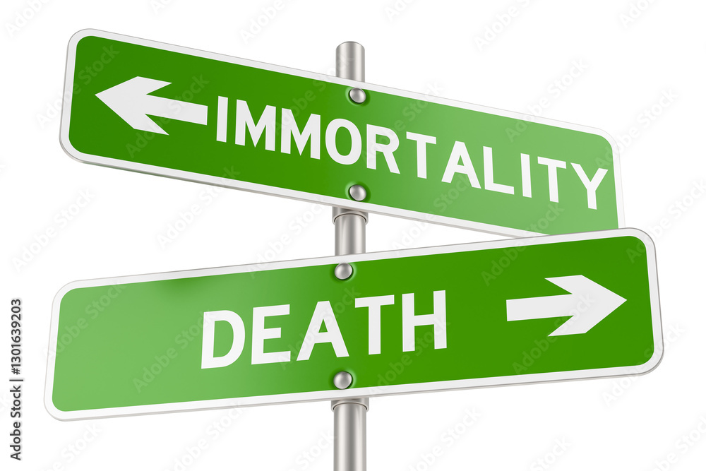 Poster immortality or death, concept. opposite traffic sign, 3d rendering isolated on transparent backgroun