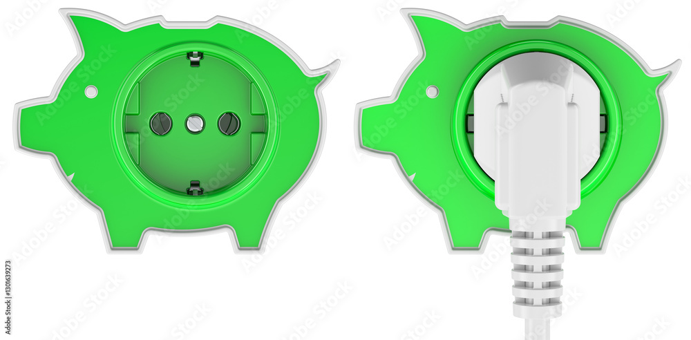 Poster electrical sockets shaped piggy bank with power plug and with out. saving energy consumption concept
