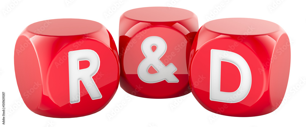 Poster research and development concept, from red cubes. 3d rendering isolated on transparent background