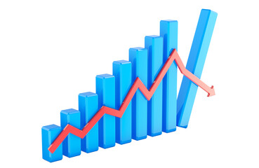 Chart with growth red arrow and crash in the end, 3D rendering isolated on transparent background