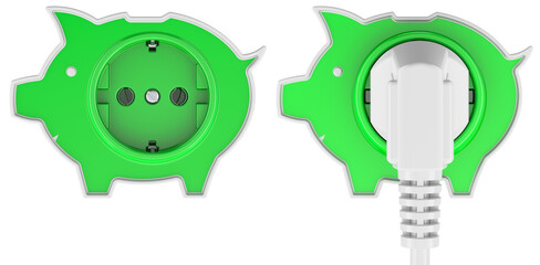 Electrical sockets shaped piggy bank with power plug and with out. Saving energy consumption concept, 3D rendering isolated on transparent background