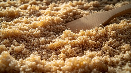 A close up of couscous with a wooden cooking utensil