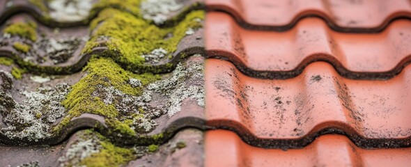 Comparison of mossy and clean red roof tiles: a visual contrast in maintenance