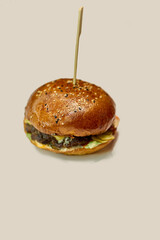 Burger with beef patty and pickles on a white background