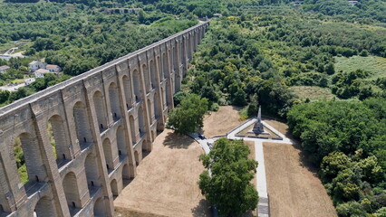 Spectacular aerial bird view of old structure of the Vanvitellian Aqueduct called Carolino aqueduct...