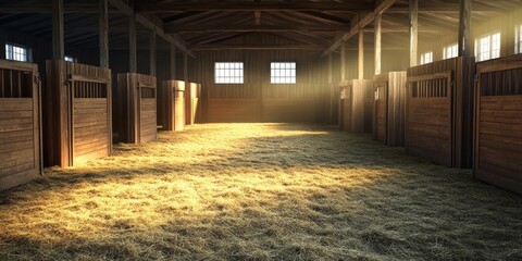Sunlit stable interior with wooden stalls and loose straw on the floor