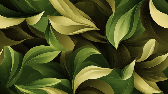 A seamless abstract leaf pattern with swirling dark green and olive shapes, deep brown accents, and soft beige highlights, creating a clean, vector-style design with natural, earthy tones
