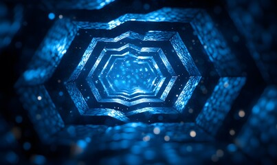 Abstract blue hexagonal tunnel with glowing particles and textured walls