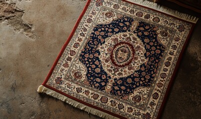 Obraz premium Ornate patterned rug on weathered concrete floor.