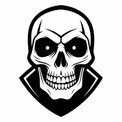 Fototapeta premium a detailed illustration of a skull with a sinister appearance. The skull has a symmetrical design with prominent eye sockets, a nose cavity, and teeth, framed by a collar vector illustration