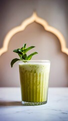 A glass of aam panna, tangy raw mango drink with mint and cumin – Perfect for promoting traditional Indian drinks, spicy beverages, or summer refreshment content.