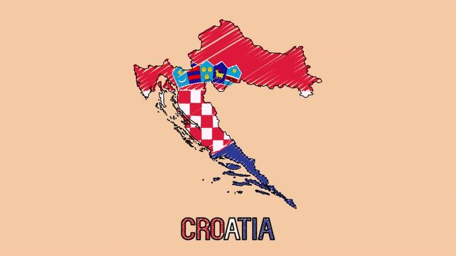 Croatia Hand Drawn Cartoon Animated Map with Flag Inside the Territory with Isolated Background