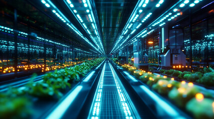 Fototapeta premium Futuristic hydroponic greenhouse interior. Rows of plants illuminated by blue and white LED lights in a tunnel-like structure.