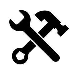 a black and white icon of a wrench and a hammer crossed, symbolizing tools and construction. This image depicts a classic representation of tools vector illustration