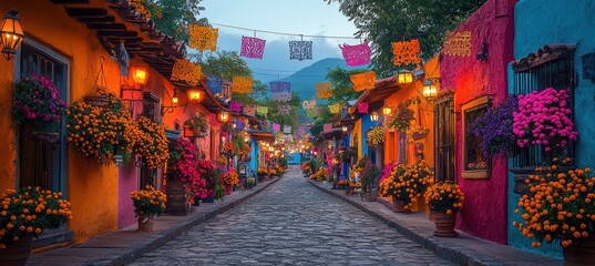 Fototapeta premium Vibrant da de los muertos celebration in a quaint mexican village