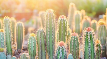 Golden sunset illuminating desert cacti in a botanical garden