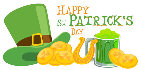 Happy St. Patrick's Day - hat, gold coins, horseshoe, green beer mug, shamrock, rainbow, leprechaun, cauldron, beer bottle - lucky vector graphics