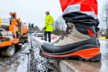 Fototapeta premium Heavy-duty work boots on construction site during winter with workers in background