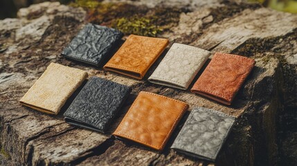 Fototapeta premium Colorful textured wallets arranged on weathered wood.