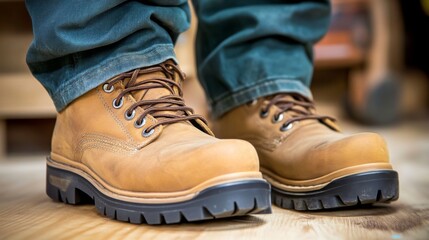 New sturdy work boots on display in a workshop environment with woodwork elements around