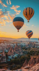 Obraz premium Serene sunrise hot air balloons over a misty desert landscape