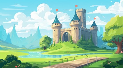 Naklejka premium Whimsical vector illustration of a majestic medieval castle landscape