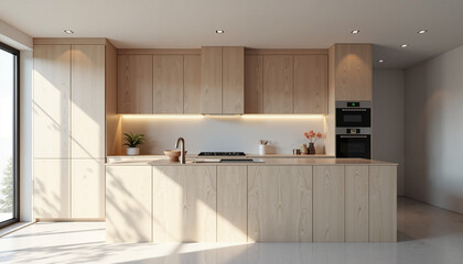 Modern kitchen with wooden cabinets and bright lighting