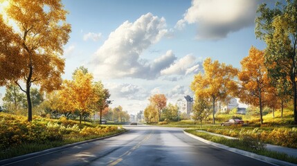 Naklejka premium Autumn road through a town