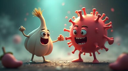 A cheerful garlic bulb and a cartoon virus interact in a playful scene, suggesting natural immunity or a battle against illness.
