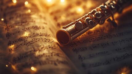 Golden flute on old music sheet with warm lights