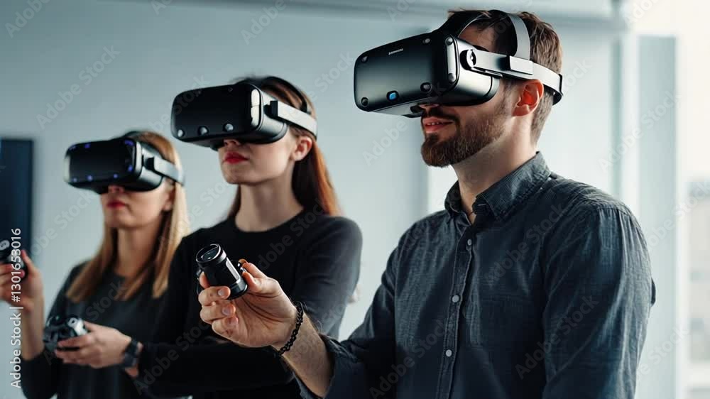 Poster group experiencing virtual reality in office setting with advanced vr headsets