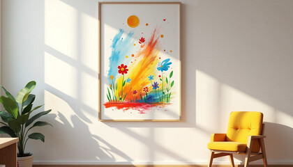 Colorful flower painting in sunny living room