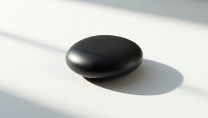 Black oval stone on white surface with soft shadow