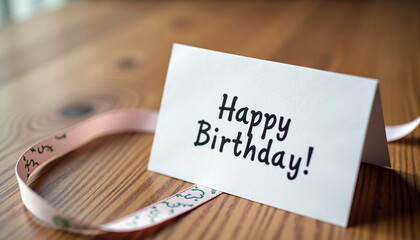 Happy birthday card with ribbon on wooden table