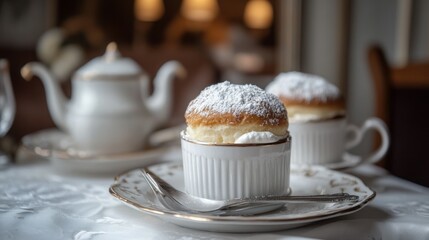 Elegant dessert, cr?me br?l?e, served in antique cups, tea set in background