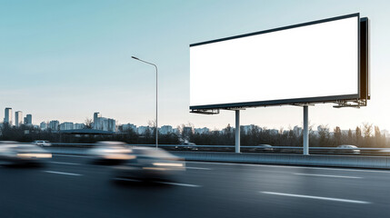A blank billboard stands tall beside a busy highway, catching the eye of passing vehicles. The urban skyline glimmers in the evening light as cars move swiftly along the road