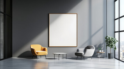 Bright modern loft features an empty blank poster on the wall, complemented by chic armchairs and plenty of natural light from the large windows, creating an inviting space