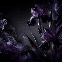 A stunning artistic image of deep purple irises growing from swirling black ink. The petals seem almost weightless, and the delicate veins glow softly in the dim light. © Svitlana