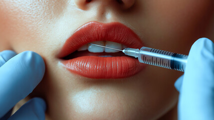 Female patient receiving cosmetic lip enhancement procedure in a clinical setting