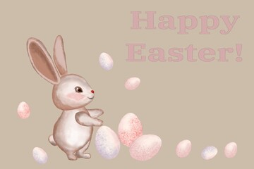 easter card with bunny, Festive Easter illustration featuring a cute bunny, scattered eggs, and a 