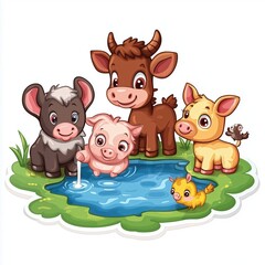 Vibrant Vector Illustration: Farm Animals at a Watering Hole, Sticker Logo Style, Clean White Background
