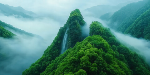 Discover a serene waterfall cascading through vibrant green trees, enveloped in a gentle mist that adds to the peaceful atmosphere, celebrating International Day of Happiness