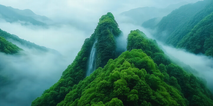 Discover a serene waterfall cascading through vibrant green trees, enveloped in a gentle mist that adds to the peaceful atmosphere, celebrating International Day of Happiness