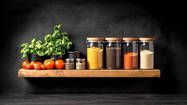 Fresh herbs and spices displayed on a wooden shelf with tomatoes, creating a vibrant kitchen scene